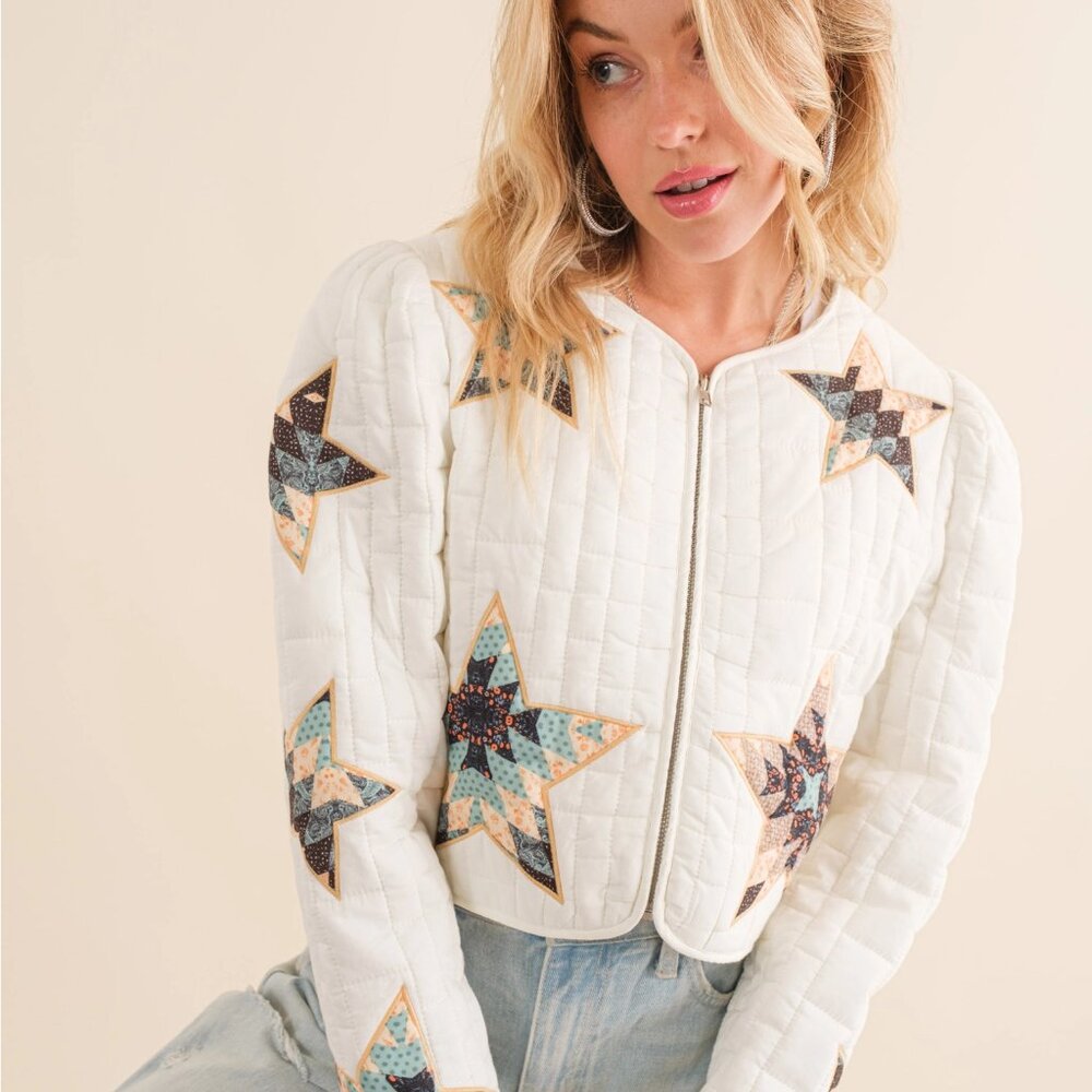 NWT patchwork Quilted Multi Star Embroidered Padded Zip Up Crop Western Jacket - Picture 3 of 7